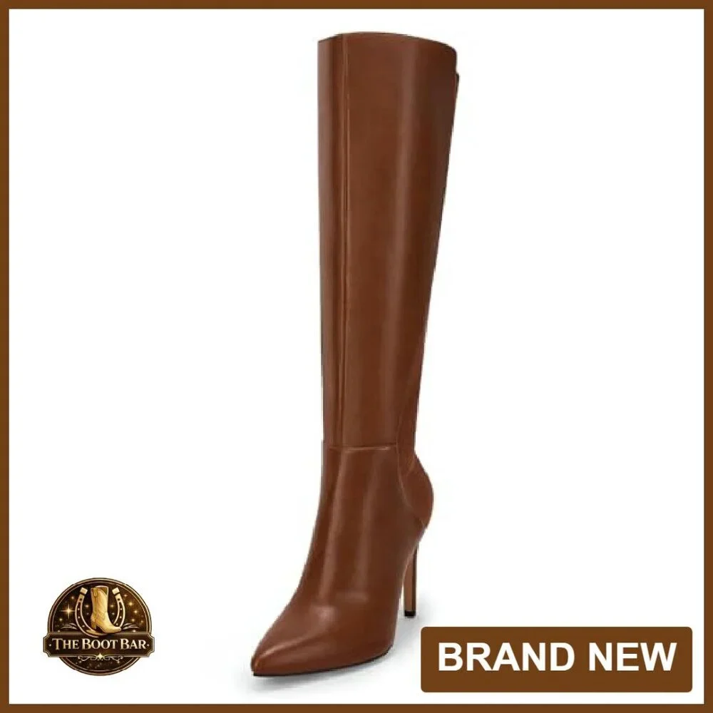 Knee High Boots Pointed Toe Stiletto Heel Leather Zipper Dress Shoes - Picture 2 of 8